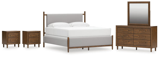Lyncott King Upholstered Bed with Mirrored Dresser and 2 Nightstands in Brown from Ashley - DMV Furniture
