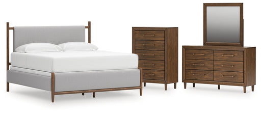 Lyncott King Upholstered Bed with Mirrored Dresser and Chest in Brown from Ashley - DMV Furniture