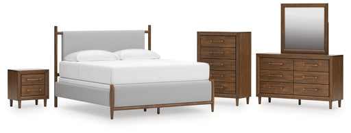 Lyncott King Upholstered Bed with Mirrored Dresser, Chest and Nightstand in Brown from Ashley - DMV Furniture