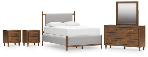 Lyncott Queen Upholstered Bed with Mirrored Dresser and 2 Nightstands in Brown from Ashley - DMV Furniture