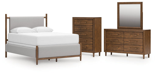 Lyncott Queen Upholstered Bed with Mirrored Dresser and Chest in Brown from Ashley - DMV Furniture