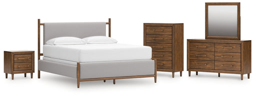 Lyncott Queen Upholstered Bed with Mirrored Dresser, Chest and Nightstand in Brown from Ashley - DMV Furniture