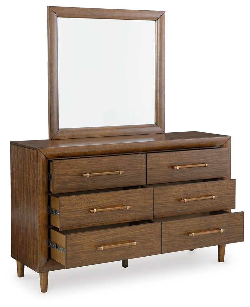 Lyncott Queen Upholstered Bed with Mirrored Dresser, Chest and Nightstand in Brown from Ashley - DMV Furniture