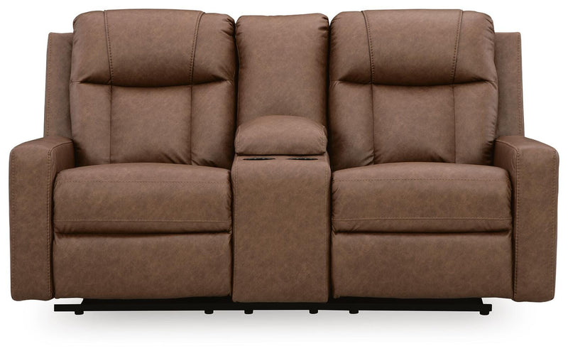 Mackmenville Caramel Reclining Loveseat with Console - 7471494