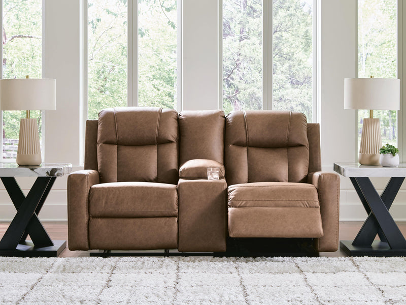 Mackmenville Caramel Reclining Loveseat with Console - 7471494