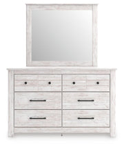 Makidern Whitewash Queen Panel Bed with Storage, Dresser and Mirror - PCB1171B6