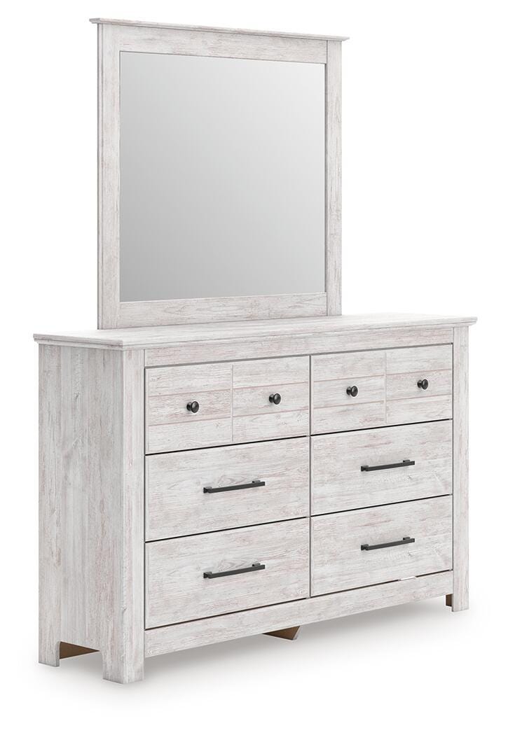 Makidern Whitewash Queen Panel Bed with Storage, Dresser and Mirror - PCB1171B6