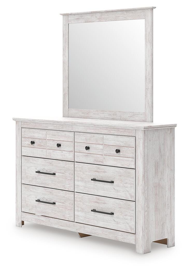 Makidern Whitewash Queen Panel Bed with Storage, Dresser and Mirror - PCB1171B6