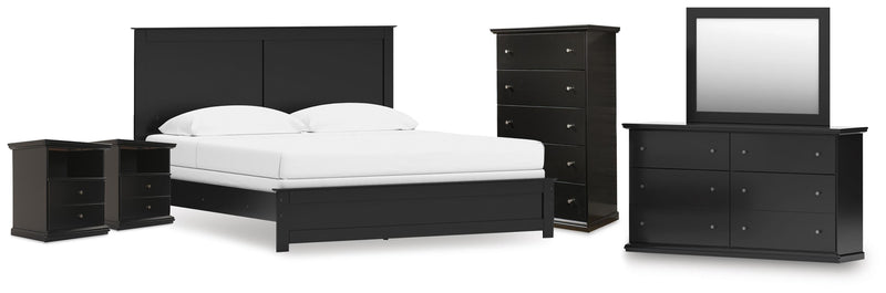 Maribel Black King Panel Bed, Dresser, Mirror, Chest, and 2 Nightstands - B138B63
