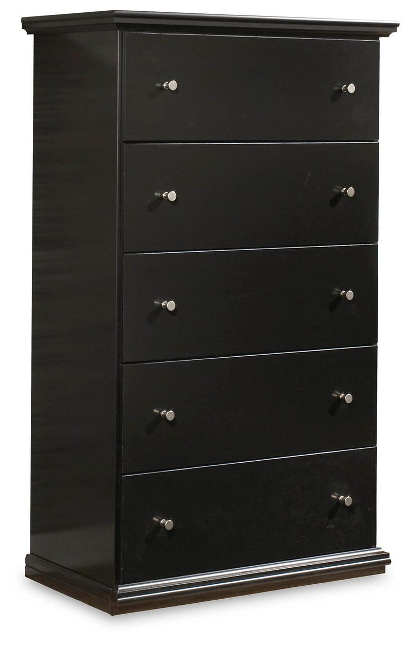 Maribel Black Queen Panel Bed, Dresser, Mirror, Chest and Nightstand - B138B75