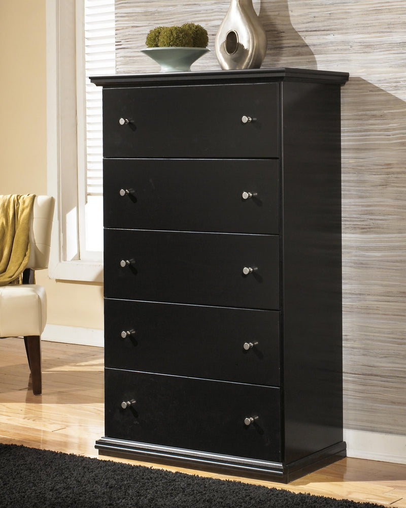 Maribel Black Queen Panel Bed, Dresser, Mirror, Chest and Nightstand - B138B75