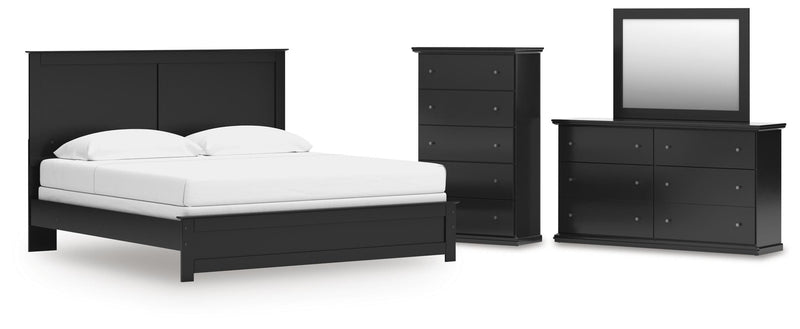Maribel King Panel Bed, Dresser, Mirror and Chest in Black - PKG021551