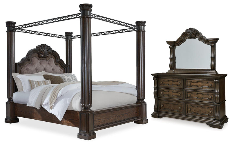 Maylee California King Canopy Bed, Dresser and Mirror in Dark Brown - PKG022428