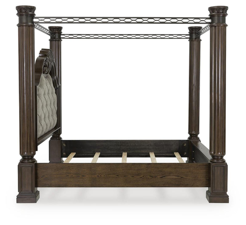 Maylee California King Canopy Bed, Dresser and Mirror in Dark Brown - PKG022428