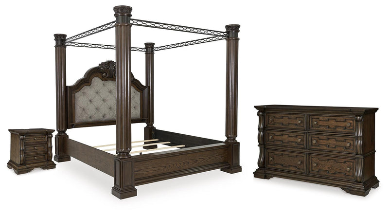 Maylee California King Canopy Bed, Dresser and Nightstand in Dark Brown - PKG022435