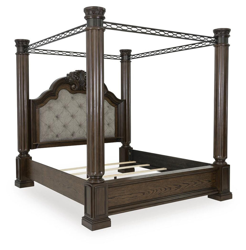 Maylee California King Canopy Bed, Dresser and Nightstand in Dark Brown - PKG022435