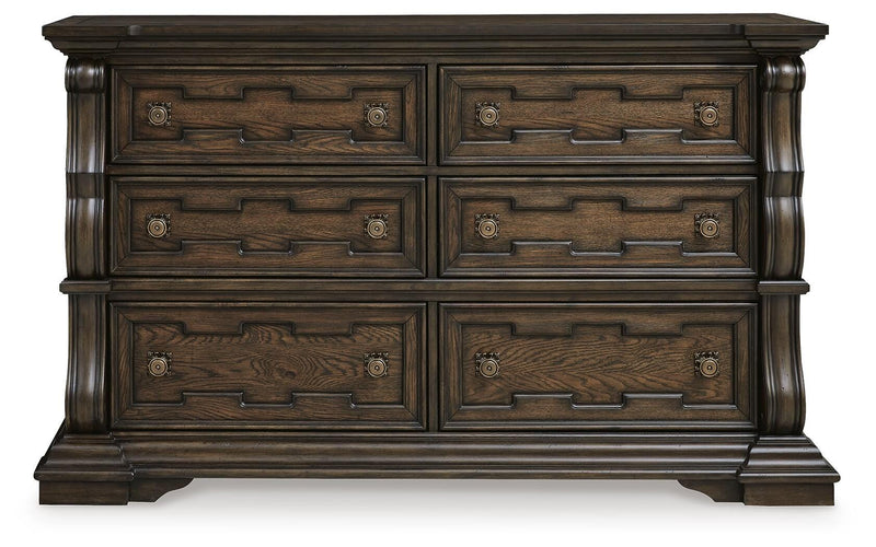 Maylee California King Canopy Bed, Dresser and Nightstand in Dark Brown - PKG022435