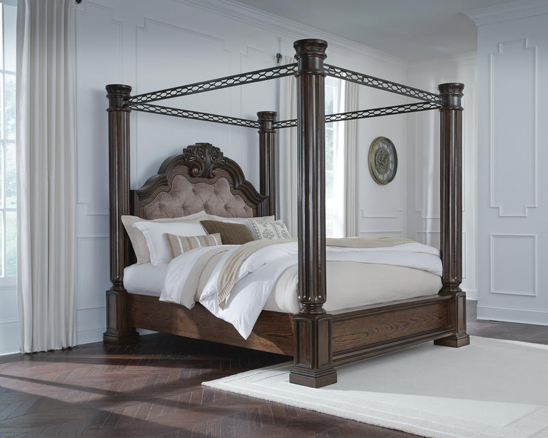 Maylee California King Canopy Bed, Dresser, Mirror and 2 Nightstands in Dark Brown - PKG022429