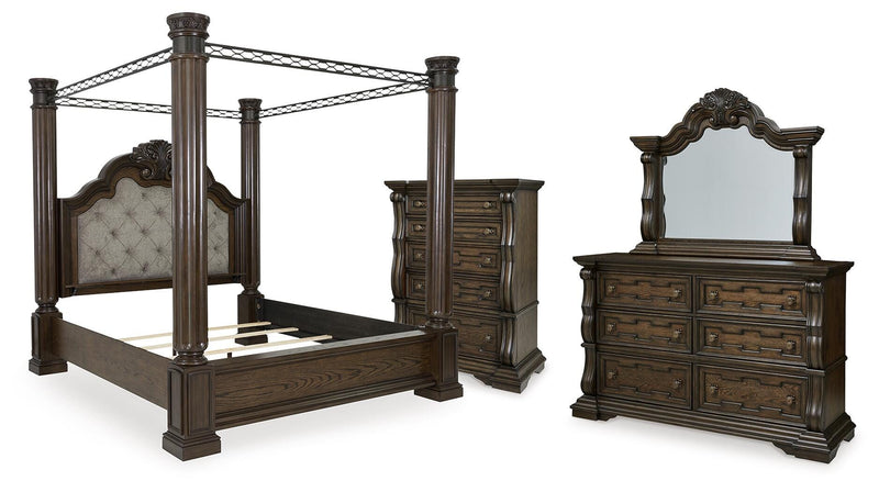 Maylee California King Canopy Bed, Dresser, Mirror and Chest in Dark Brown - PKG022432