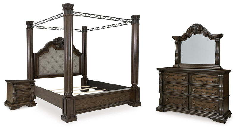 Maylee California King Canopy Bed, Dresser, Mirror and Nightstand in Dark Brown - PKG022431