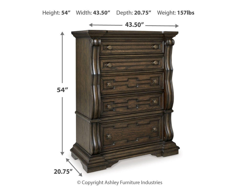Maylee California King Canopy Bed, Dresser, Mirror, Chest and Nightstand in Dark Brown - PKG022433
