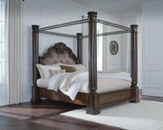 Maylee California King Canopy Bed, Dresser, Mirror, Chest and Nightstand in Dark Brown - PKG022433