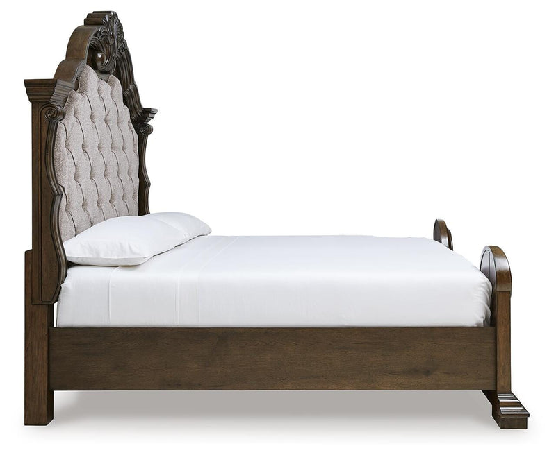 Maylee California King Upholstered Bed, Dresser and 2 Nightstands in Dark Brown - PKG017052