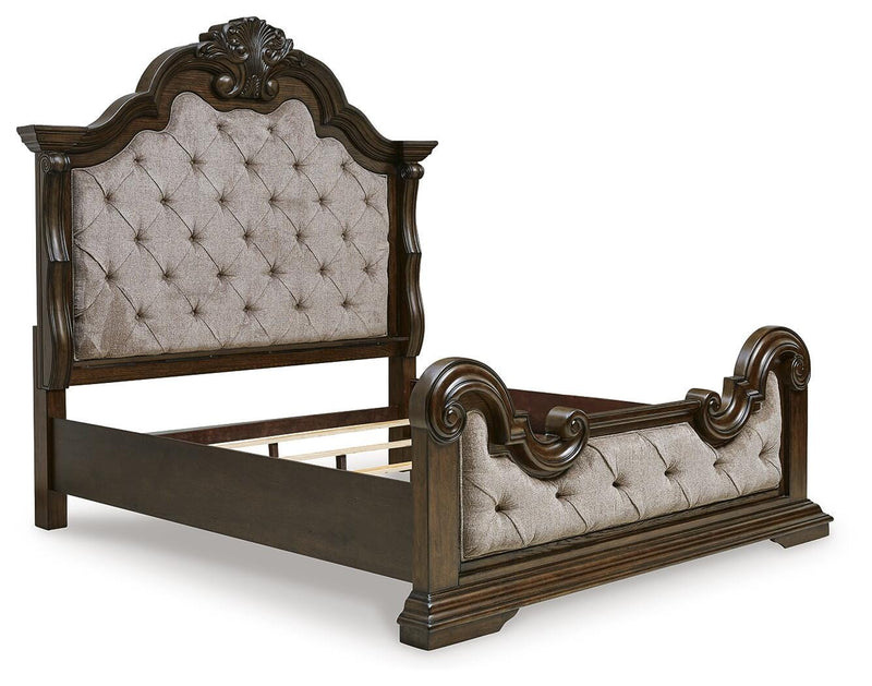 Maylee California King Upholstered Bed, Dresser and 2 Nightstands in Dark Brown - PKG017052