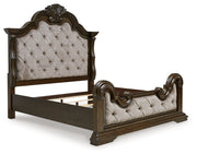 Maylee California King Upholstered Bed with Mirrored Dresser and Nightstand in Dark Brown - PKG017057