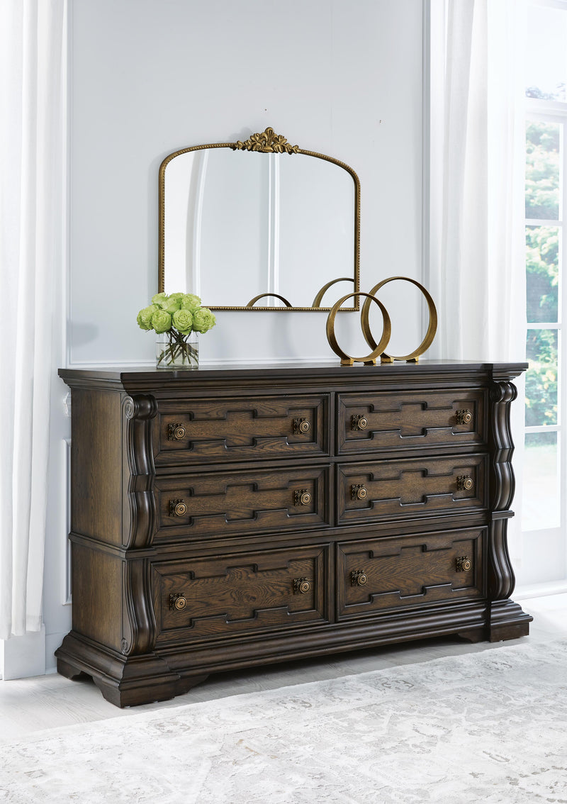 Maylee Dark Brown King Upholstered Bed, Dresser and 2 Nightstands - B947B14