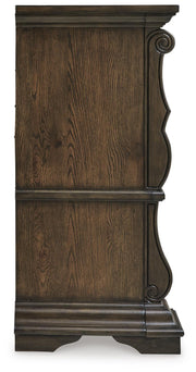 Maylee Dark Brown King Upholstered Bed, Dresser and 2 Nightstands - B947B14