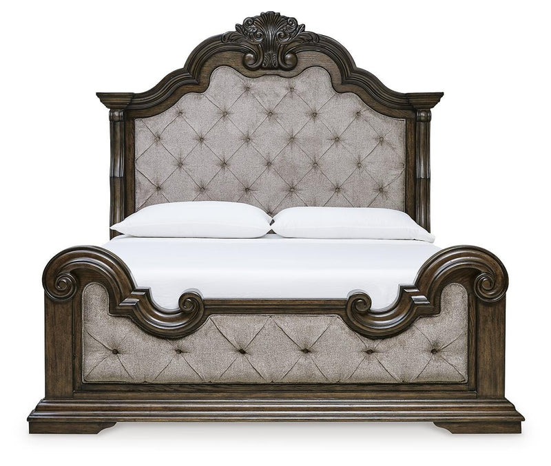 Maylee Dark Brown King Upholstered Bed, Dresser and 2 Nightstands - B947B14