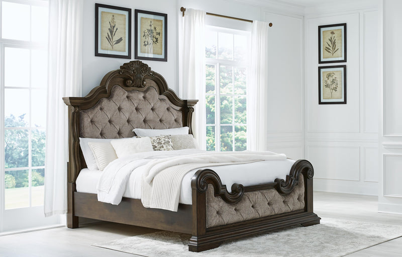 Maylee Dark Brown King Upholstered Bed, Dresser, Mirror and 2 Nightstands - B947B15