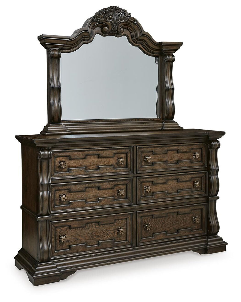 Maylee Dark Brown King Upholstered Bed, Dresser, Mirror and 2 Nightstands - B947B15