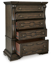 Maylee Dark Brown Queen Upholstered Bed, Dresser, Chest and Nightstand - B947B12