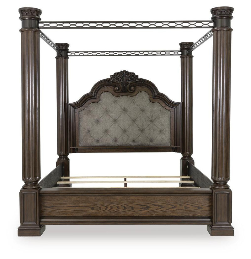 Maylee King Canopy Bed, Dresser, Mirror and Chest in Dark Brown - PKG022424