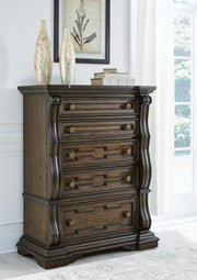 Maylee King Canopy Bed, Dresser, Mirror and Chest in Dark Brown - PKG022424