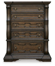Maylee King Canopy Bed, Dresser, Mirror and Chest in Dark Brown - PKG022424