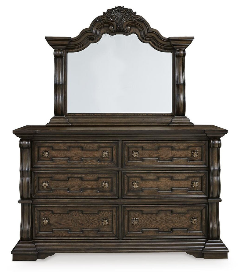 Maylee King Canopy Bed, Dresser, Mirror, Chest and 2 Nightstands in Dark Brown - PKG022422