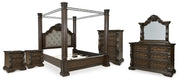 Maylee King Canopy Bed, Dresser, Mirror, Chest and 2 Nightstands in Dark Brown - PKG022422