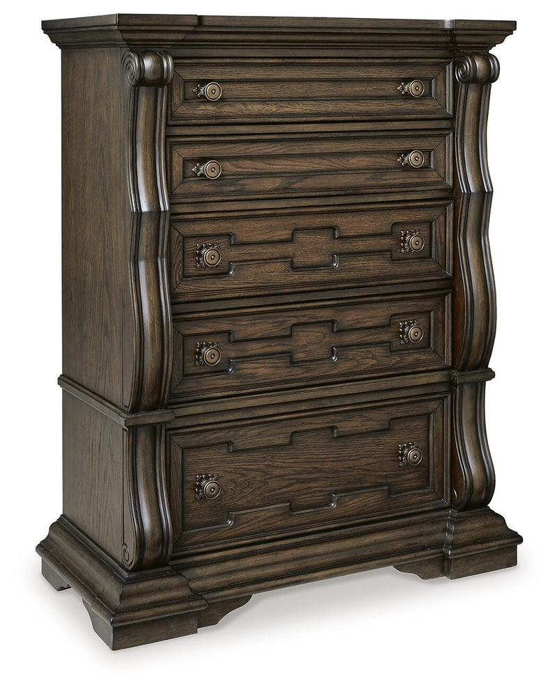 Maylee King Canopy Bed, Dresser, Mirror, Chest and 2 Nightstands in Dark Brown - PKG022422