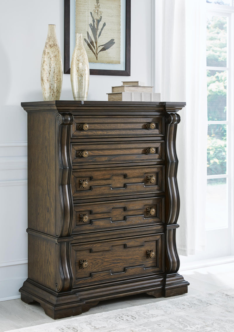 Maylee King Canopy Bed, Dresser, Mirror, Chest and Nightstand in Dark Brown - PKG022425
