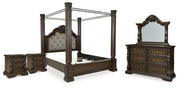 Maylee Queen Canopy Bed, Dresser, Mirror and 2 Nightstands in Dark Brown - PKG022437