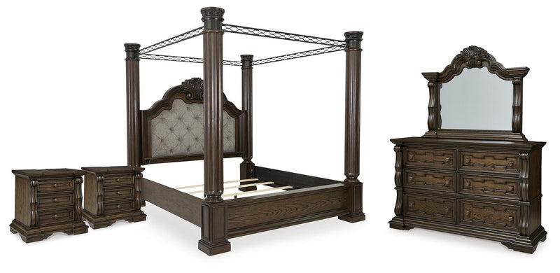 Maylee Queen Canopy Bed, Dresser, Mirror and 2 Nightstands in Dark Brown - PKG022437