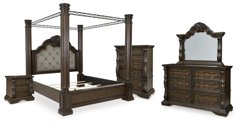 Maylee Queen Canopy Bed, Dresser, Mirror, Chest and Nightstand in Dark Brown - PKG022441