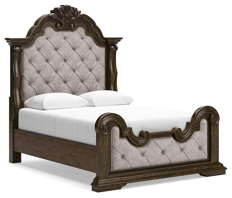 Maylee Queen Upholstered Bed, Dresser, Mirror and 2 Nightstands in Dark Brown - PKG017037