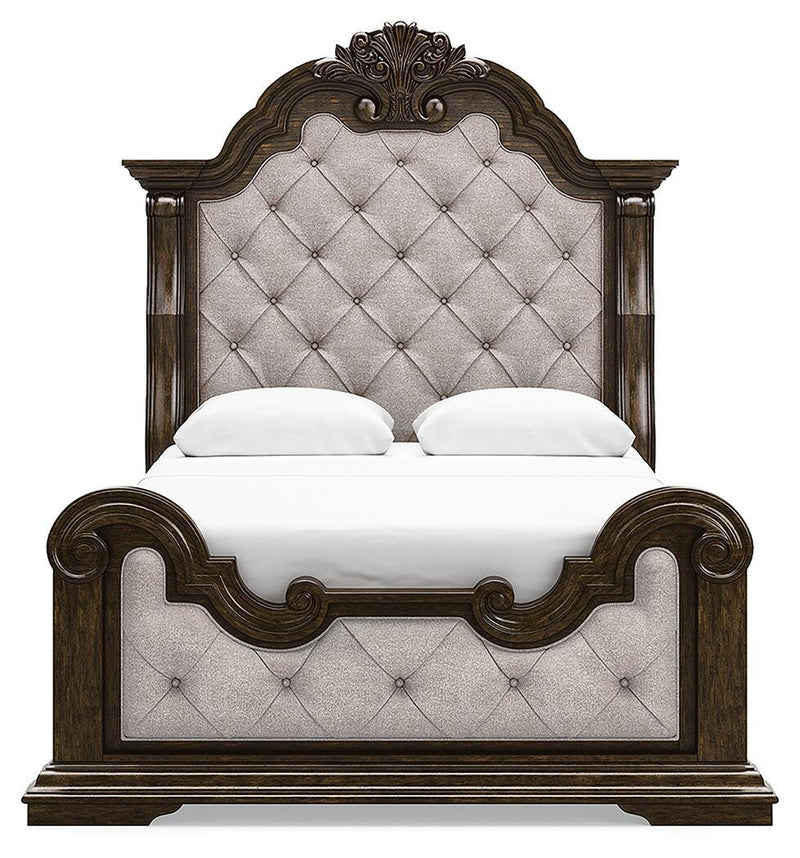 Maylee Queen Upholstered Bed, Dresser, Mirror, Chest and Nightstand in Dark Brown - PKG017041