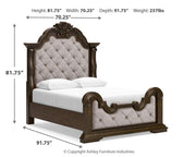Maylee Queen Upholstered Bed, Dresser, Mirror, Chest and Nightstand in Dark Brown - PKG017041