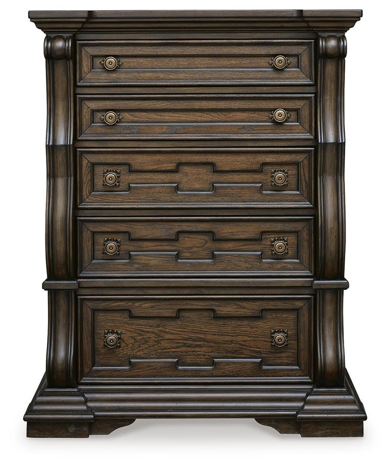 Maylee Queen Upholstered Bed, Dresser, Mirror, Chest and Nightstand in Dark Brown - PKG017041