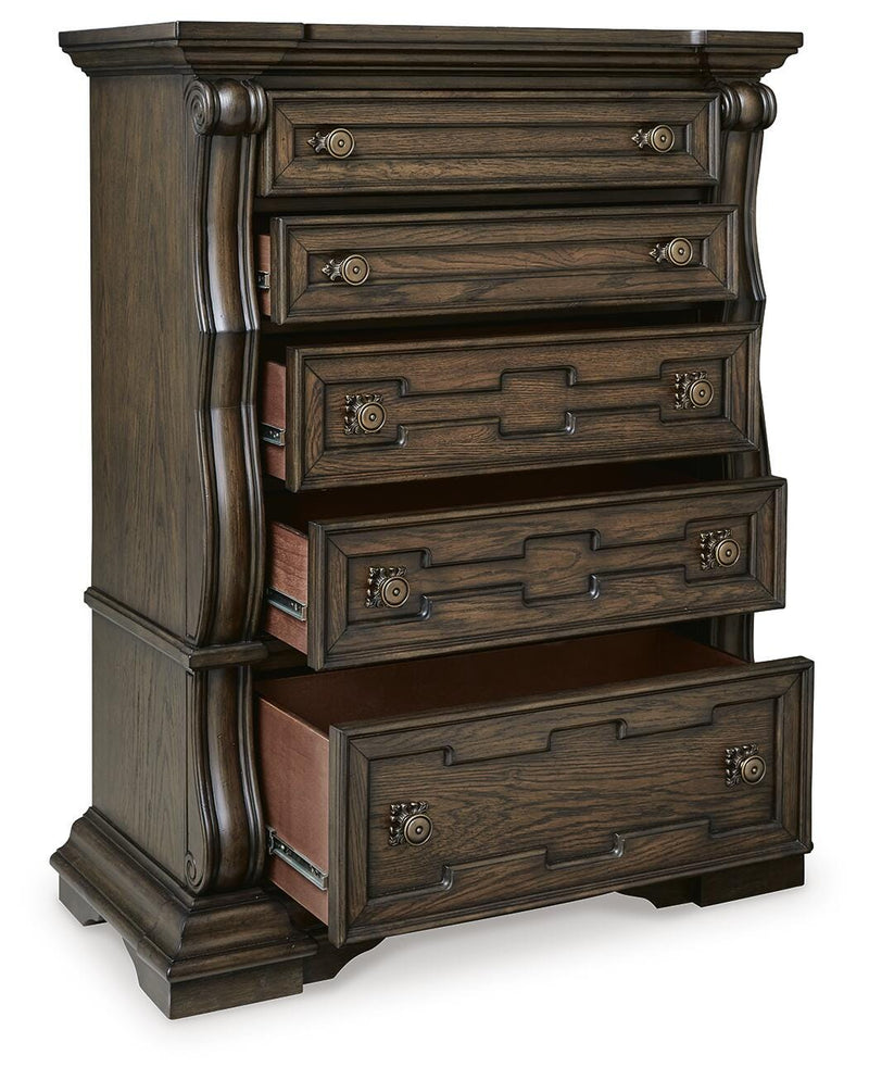 Maylee Queen Upholstered Bed, Dresser, Mirror, Chest and Nightstand in Dark Brown - PKG017041